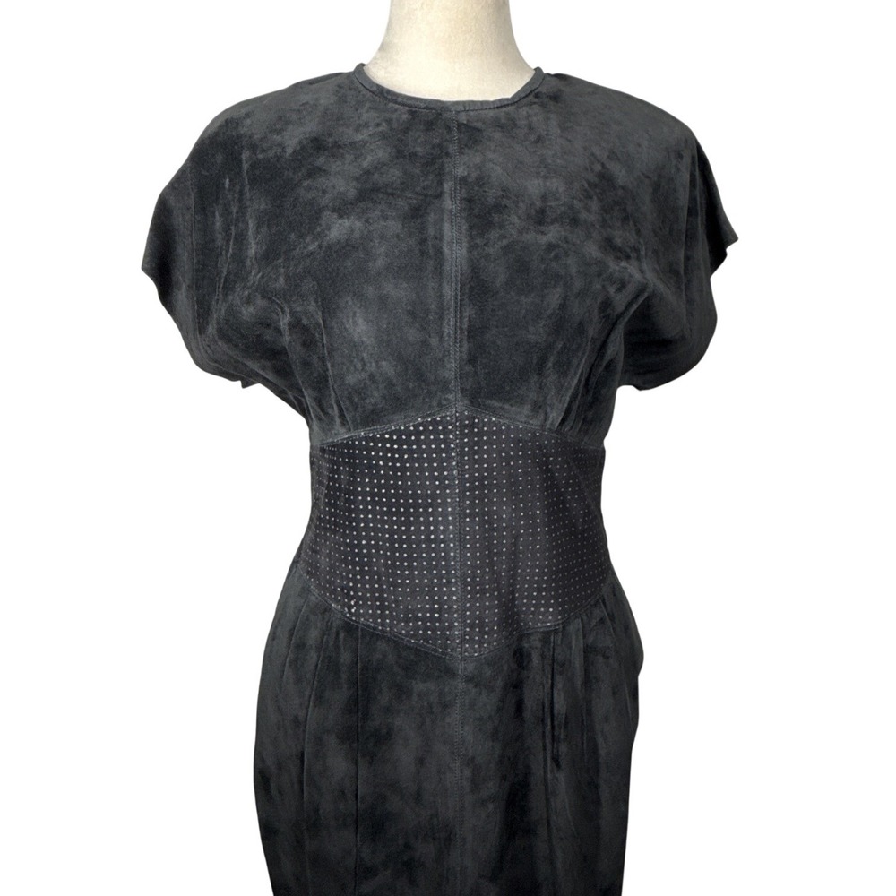 Vintage Lauren Alexandra Black Leather Midi Dress XS Corset Fit Pleated Pockets - Picture 3 of 16